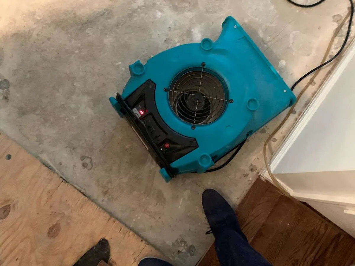 Air mover drying subfloor during Commercial Water Damage Restoration in Roy